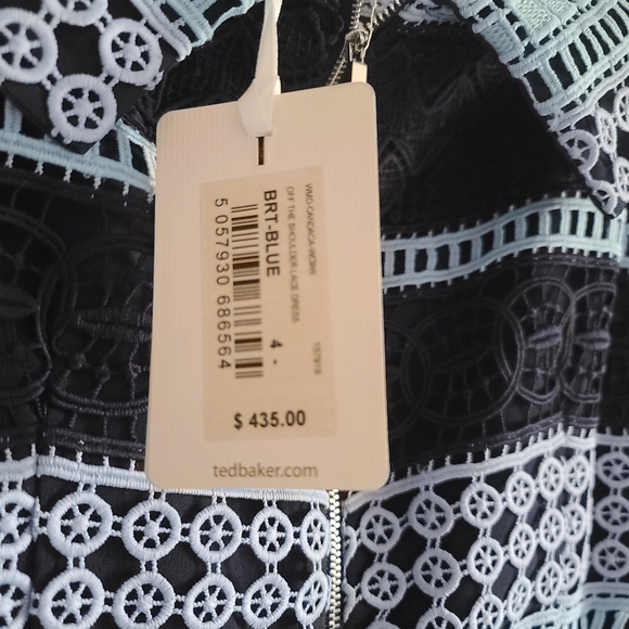 NWT Ted Baker Blue Stripe Off-the-shoulder Guipure Lace Midi Dress 4 /12 - Picture 2 of 5